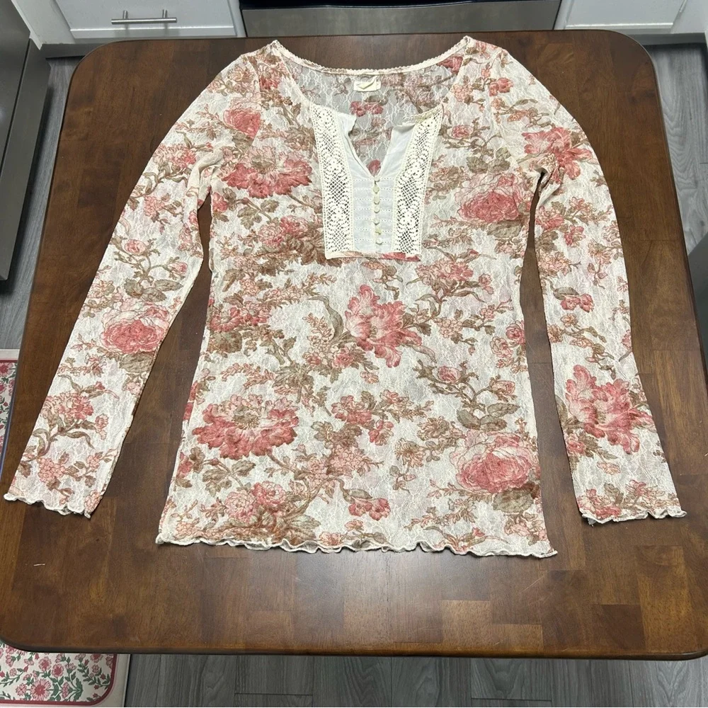 Denim & Supply Ralph Lauren Pink Floral Lace Henley Blouse Y2K Top Size L - Picture 3 of 15